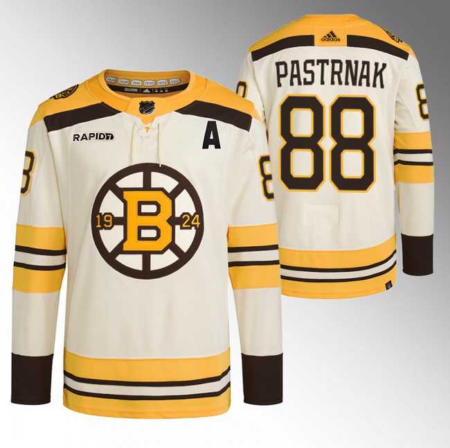 Men%27s Boston Bruins #88 David Pastrnak Cream With Rapid7 Patch 100th Anniversary Stitched Jersey Dzhi